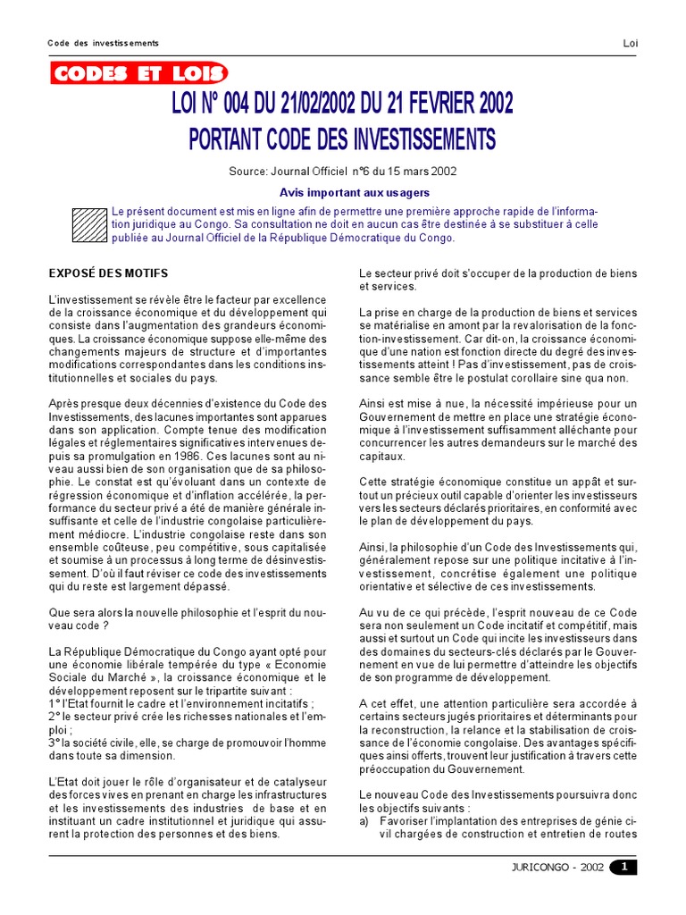 Code des Investissements en RDC 2002 | PDF | Loi | Petite ou moyenne ...