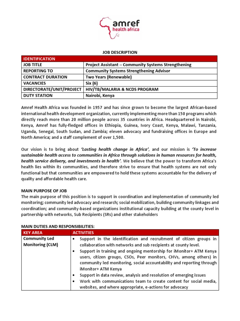 Project Assistant Job in Nairobi | PDF