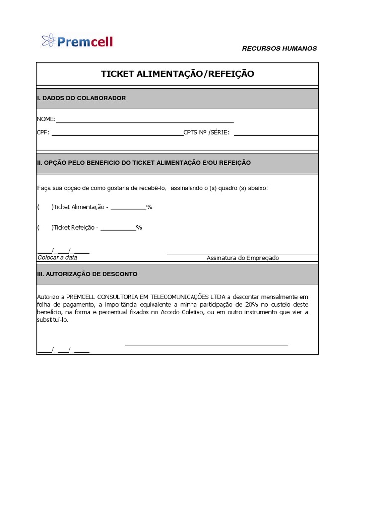 Modelo de Ticket Alimentação/Refeição | PDF