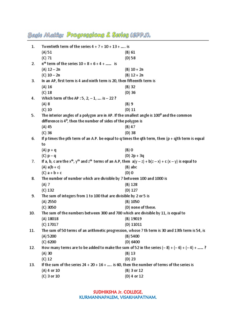 Sudhiksha College Maths Progressions | PDF | Mathematical Objects ...