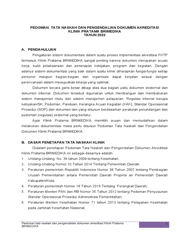 Contoh Pedoman Tata Naskah Akreditasi Klinik Pratama BRIMEDIKA | PDF