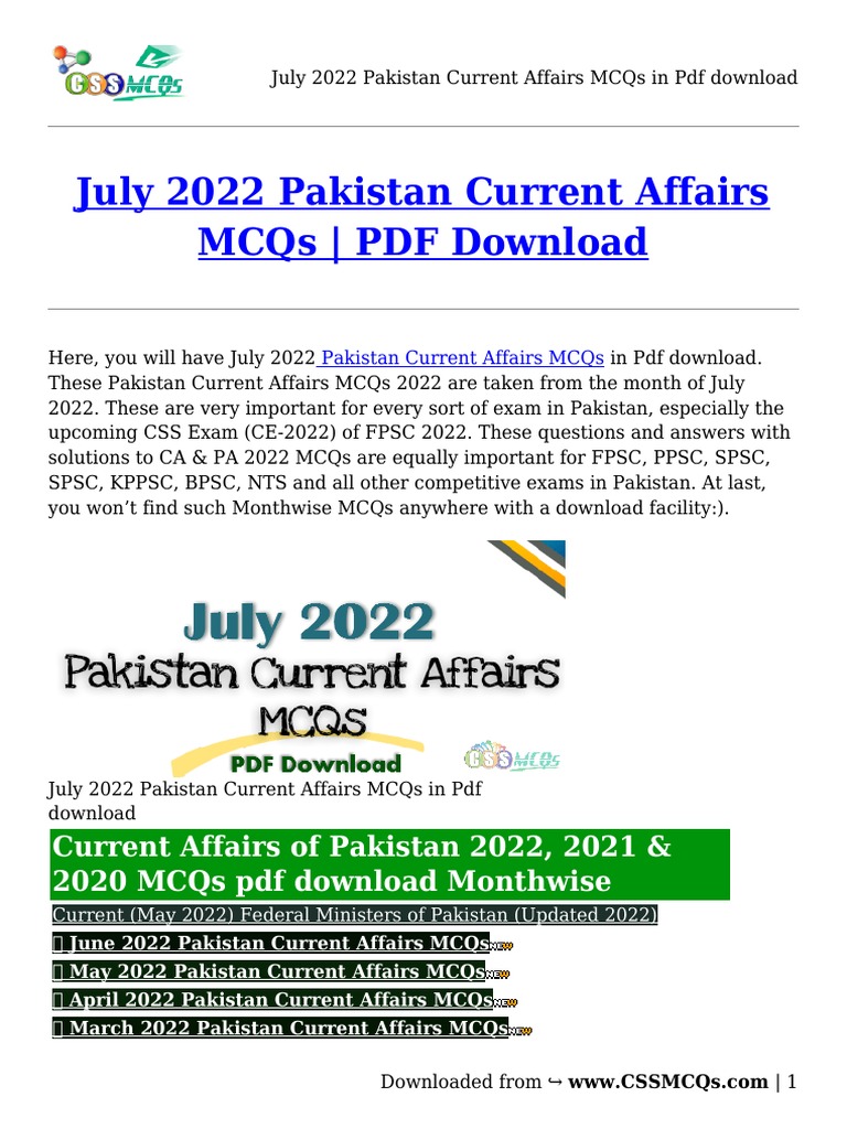 July 2022 Pakistan Current Affairs MCQs | PDF | Pakistan | Government ...