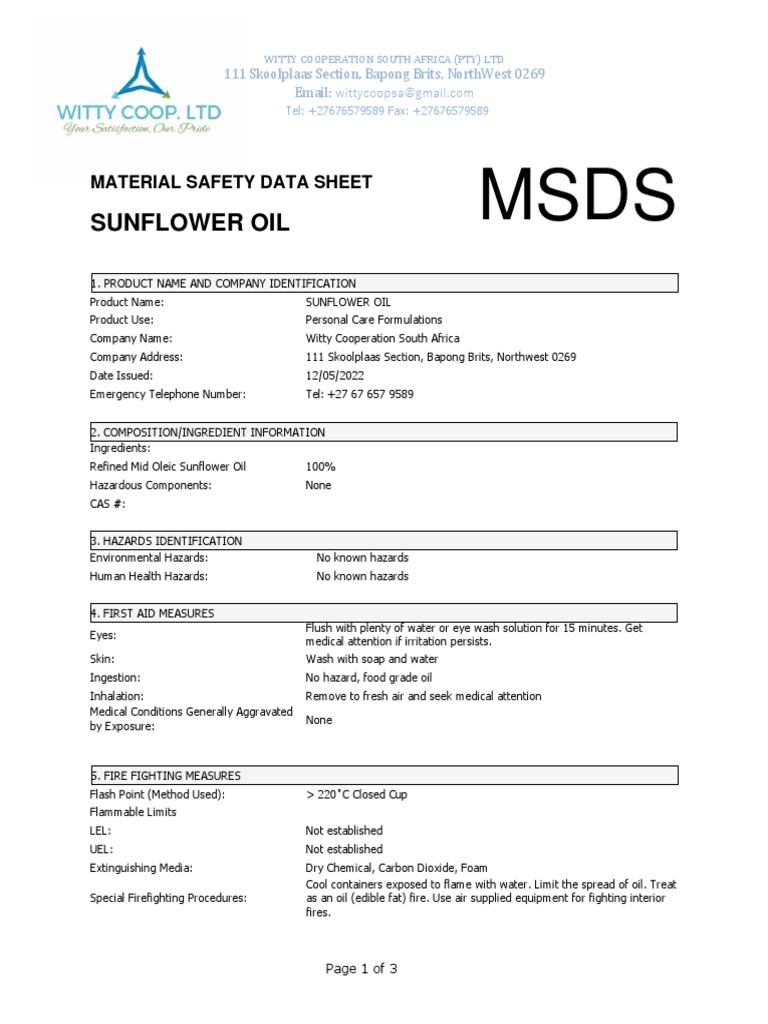 MSDS Sunflower Oil WIT PDF Water Carbon Dioxide