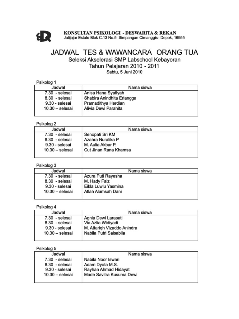 Jadwal Wawancara Via Azlia Widiyadi | PDF