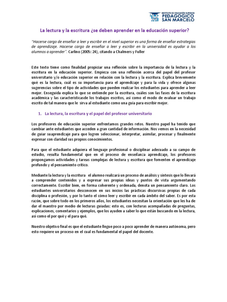 Lectura y escritura en educación superior | PDF | Aprendizaje | Pensamiento