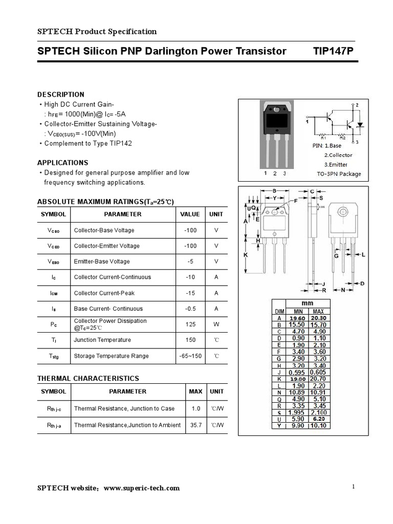SPTECH TIP147P Transistor Specs | PDF | Bipolar Junction Transistor ...