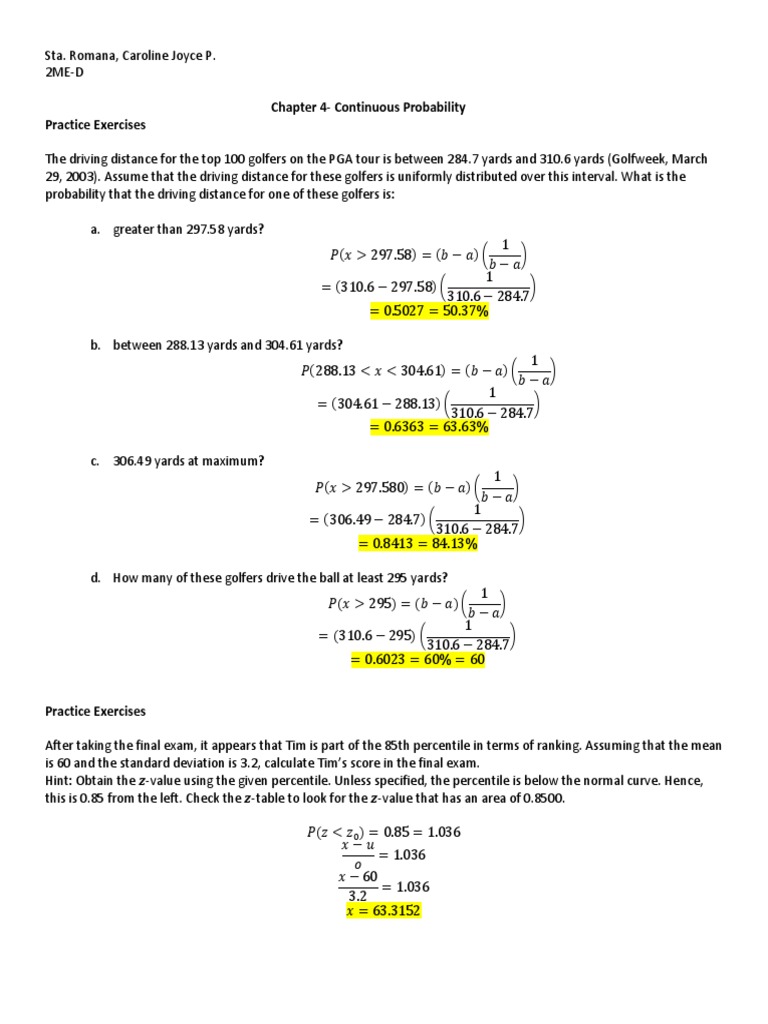 Chapter 4-Continuous Probability Practice Exercises | PDF | Percentile ...