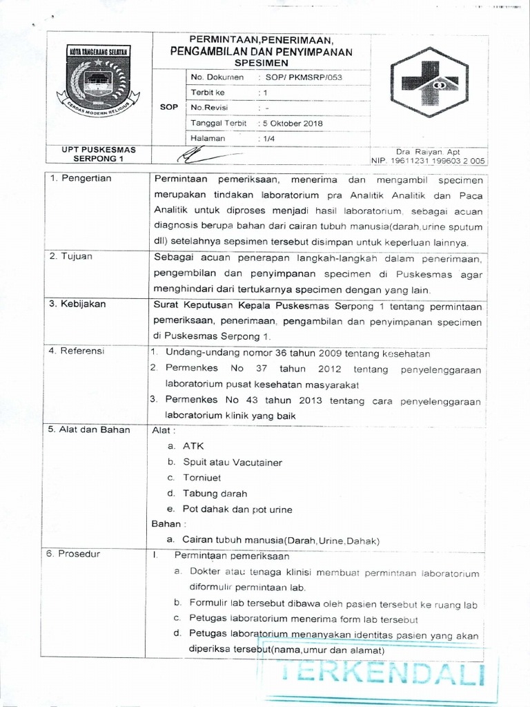 SOPPermintaan, Pengambilan Penyimpanan Specimen Lab PDF