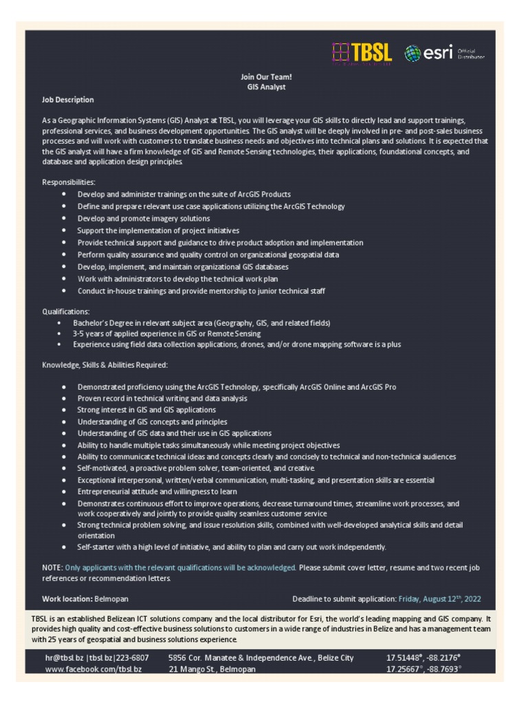 Join Our Team! GIS Analyst Job Description Only Applicants With The Relevant Qualifications