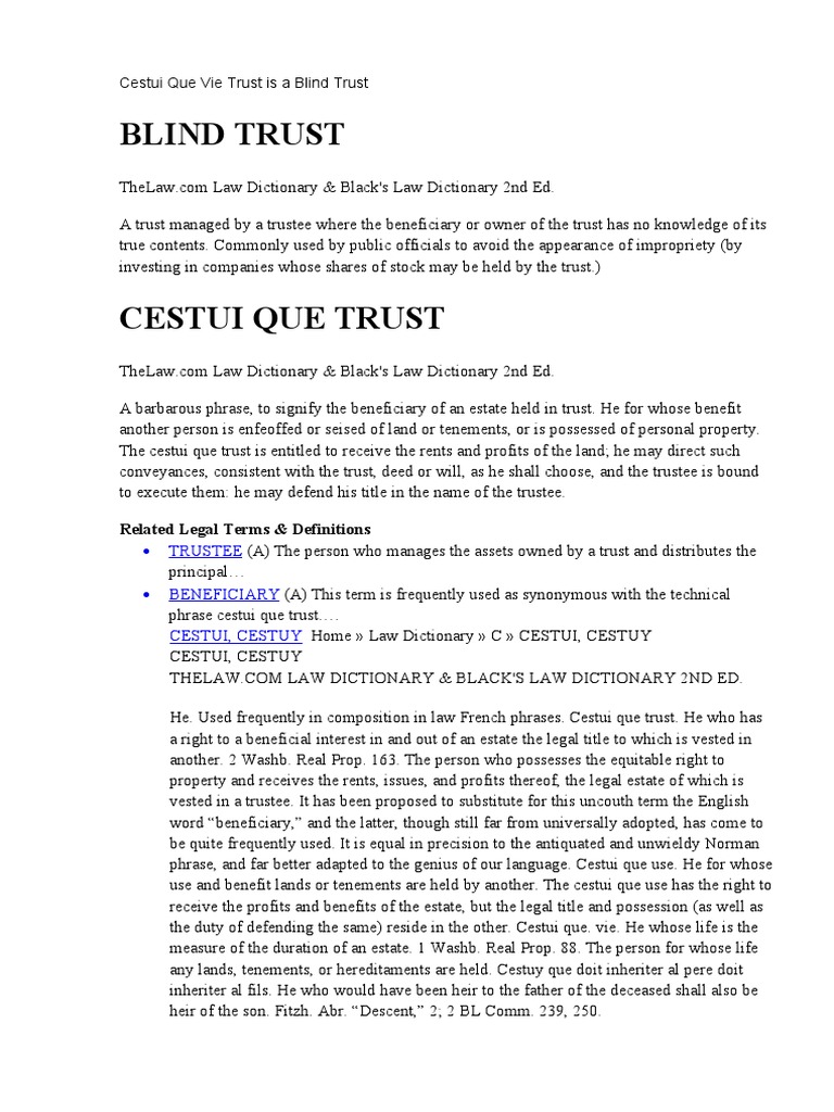 Cestui Que Vie Trust Is A Blind Trust PDF Trust Law Seisin