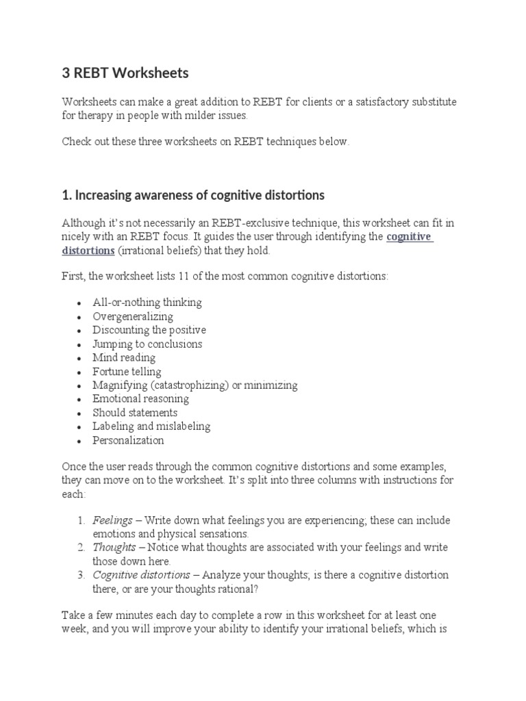 3 REBT Worksheets: 1. Increasing Awareness of Cognitive Distortions | PDF |  Rational Emotive Behavior Therapy | Mental Processes