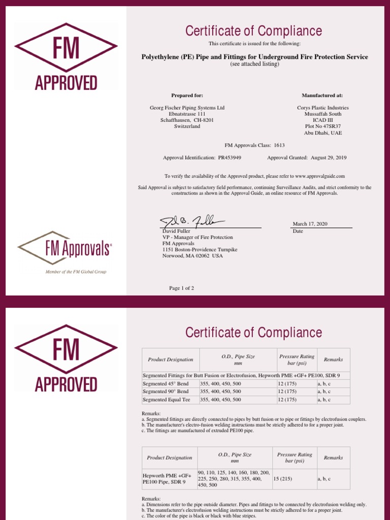 2020 03 17 - Cert. of Compliance FM 1613 - PE Segmented Fittings Pipe ...