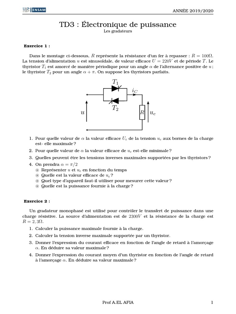 Gradateurs : Exercices d'électronique de puissance | PDF | Ingénierie ...