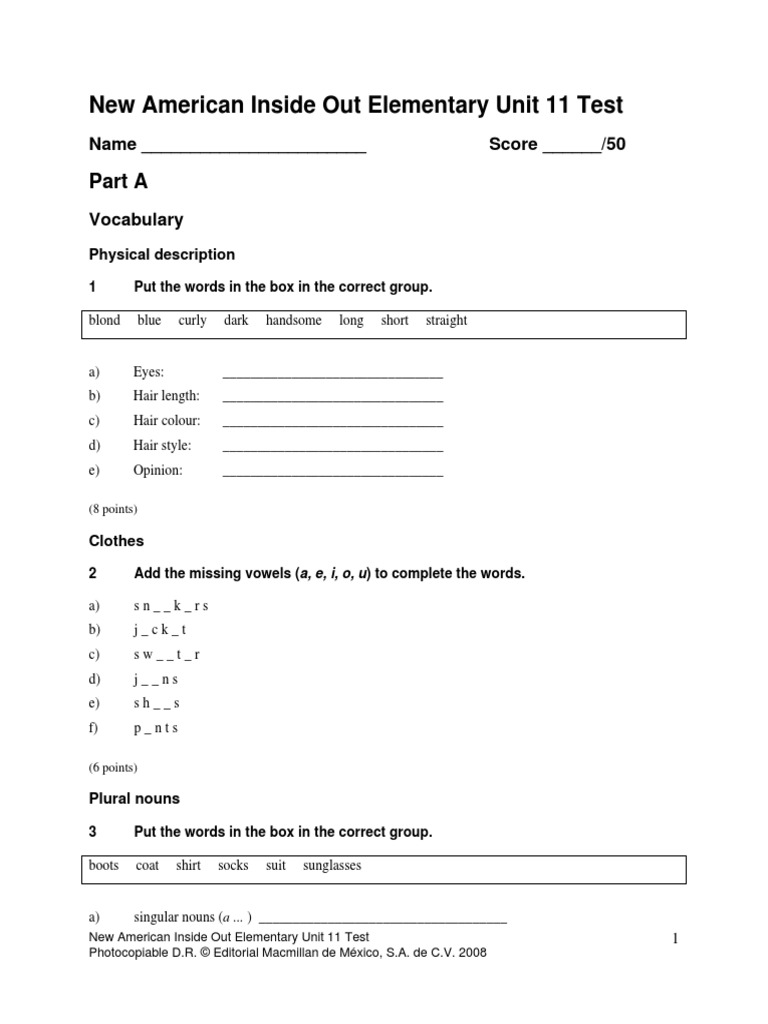 New American Inside Out Elementary Unit 11 Test: Part A | PDF | Plural ...