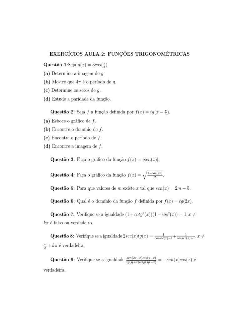 Exercícios sobre Funções Trigonométricas | PDF | Métodos e Materiais de ...