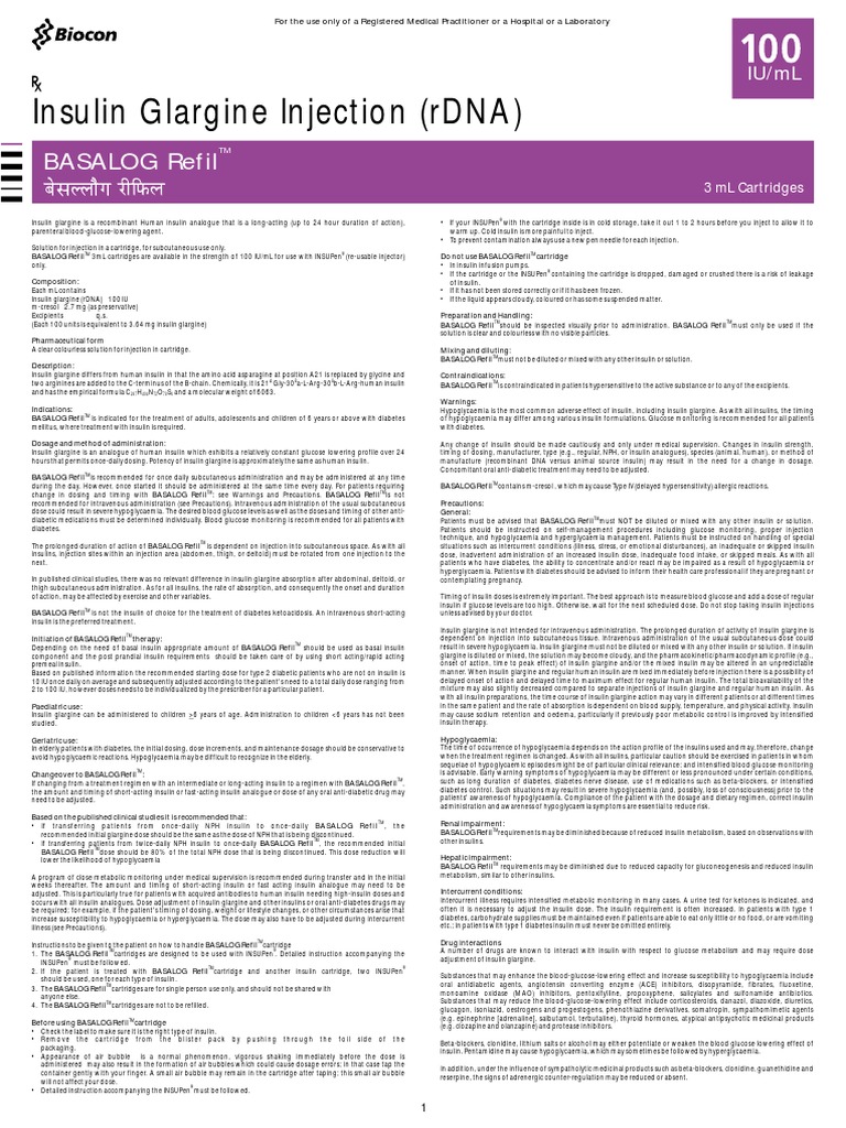 Insulin Glargine Injection (rDNA) Basalog Refil PDF Hypoglycemia