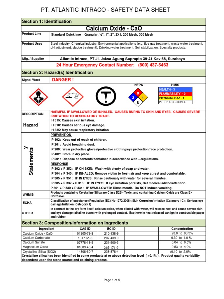 Pt. Atlantic Intraco Safety Data Sheet Calcium Oxide Cao PDF
