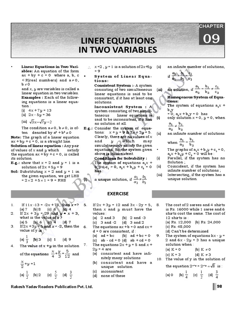 Linear Equation in Two Variables PDF System Of Linear Equations Equations