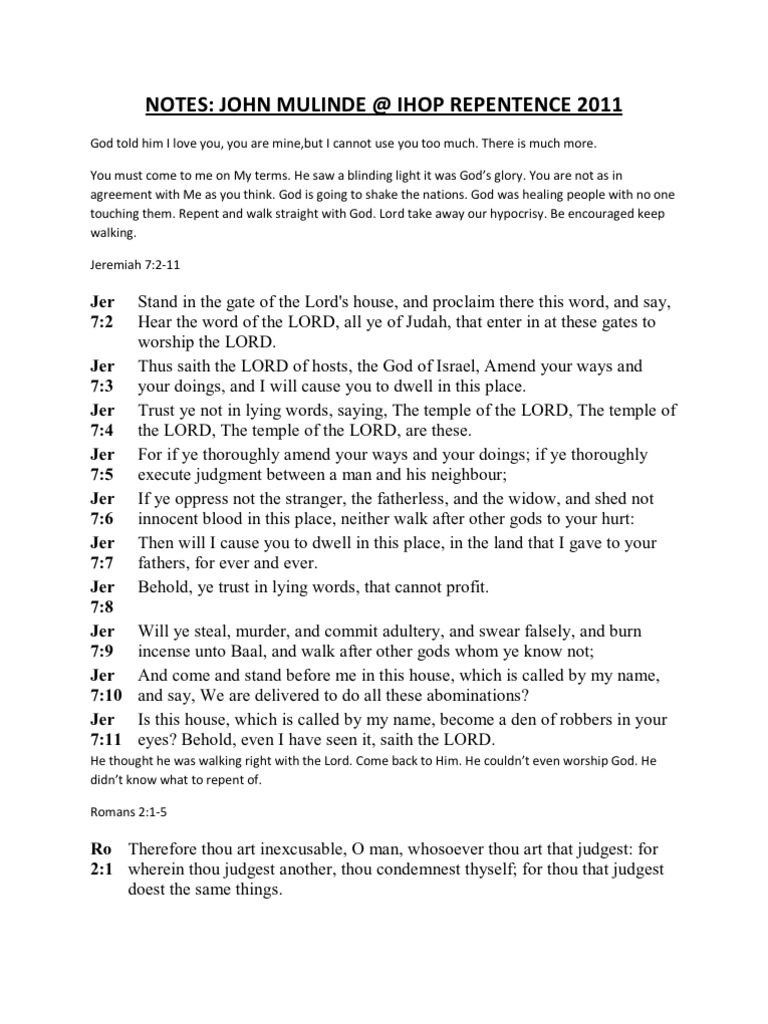 John Mulinde Notes Ihop On Repentence Repentance Last Judgment