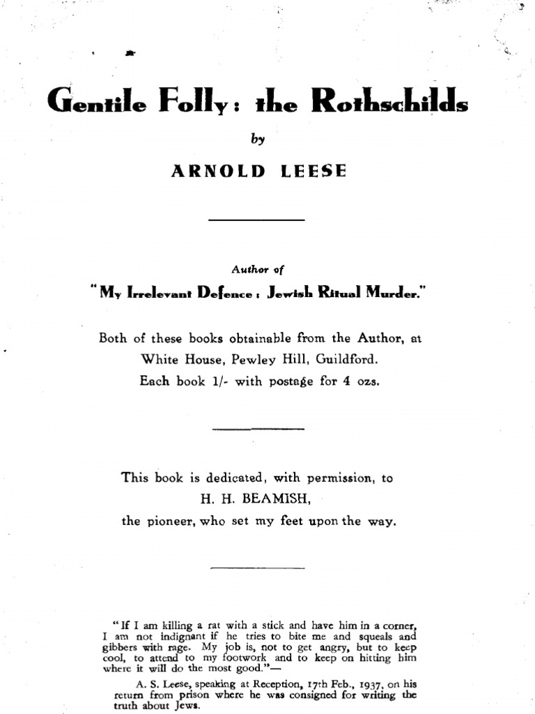 Gentile Folly the Rothschilds Arnold Leese 1940 67pgs SEC SOC REL
