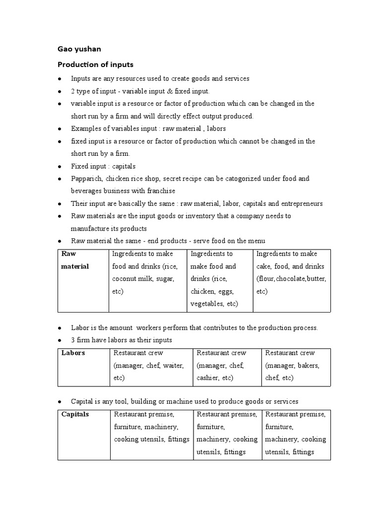 Gao Yushan Production of Inputs Raw Material PDF Factors Of