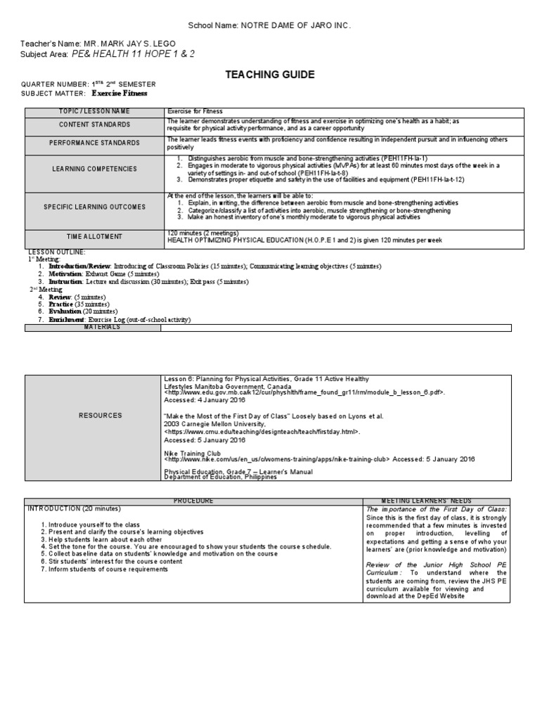 Teaching Guide - PE & HEALTH FOPE 1 & 2 | PDF | Physical Fitness ...
