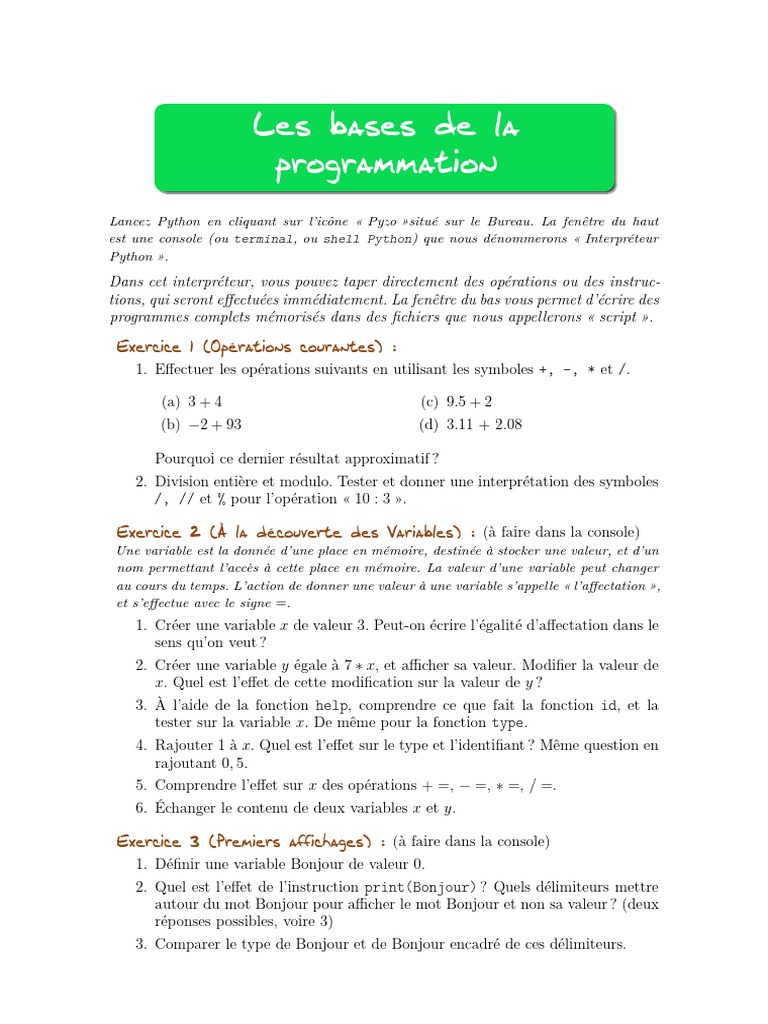 Introduction à Python et Variables | PDF | Python (Langage de ...