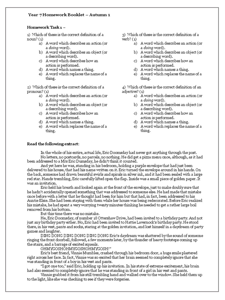 Year 7 Homework Booklet | PDF | Word | Narration