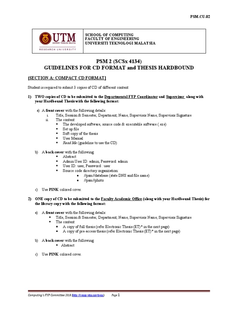 PSM 2 (SCSX 4134) Guidelines For CD Format and Thesis Hardbound | PDF ...