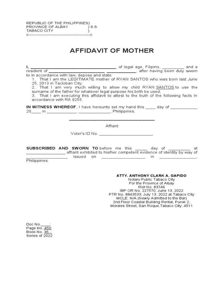 AFFIDAVIT of MOTHER (To Allow Child To Use Surname of The Father) PDF
