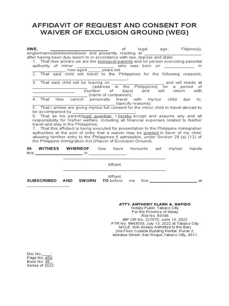 Affidavit of Request and Consent For Waiver of Exclusion Ground PDF