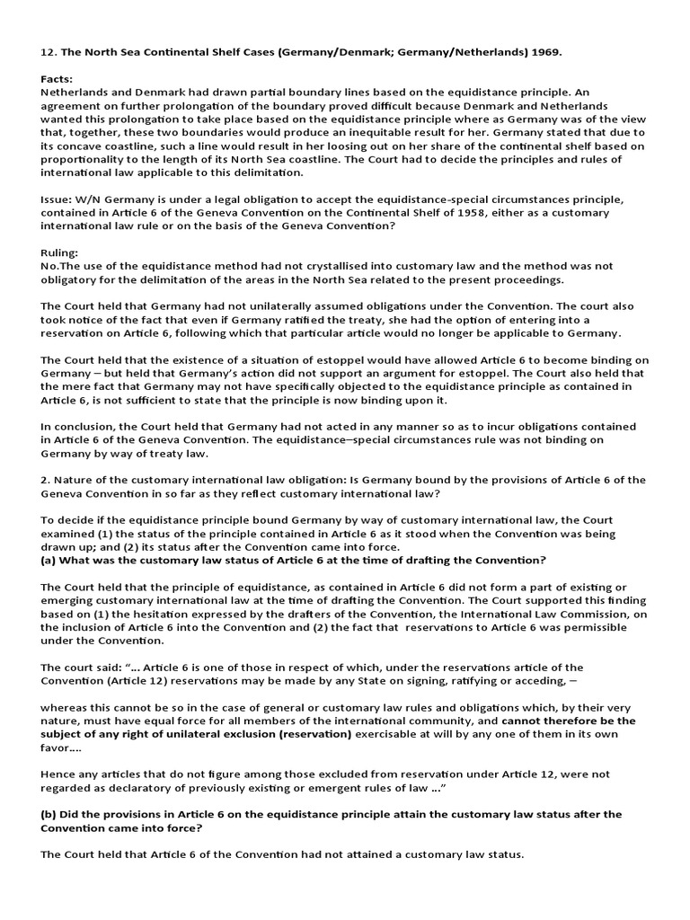 The Continental Shelf Case Germany is Not Bound by the Equidistance Principle Under Treaty Law