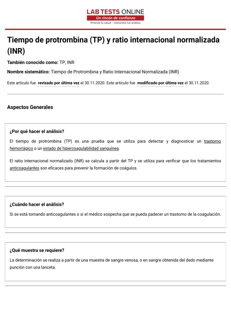 Tiempo de Protrombina (TP) y Ratio Internacional Normalizada (INR ...