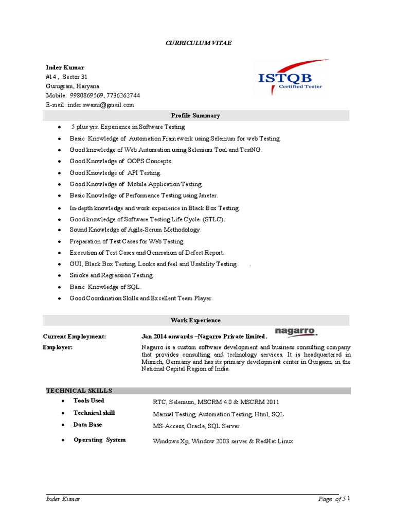 Curriculum Vitae: Inder Kumar Page of 5 1 | PDF | Software Testing ...