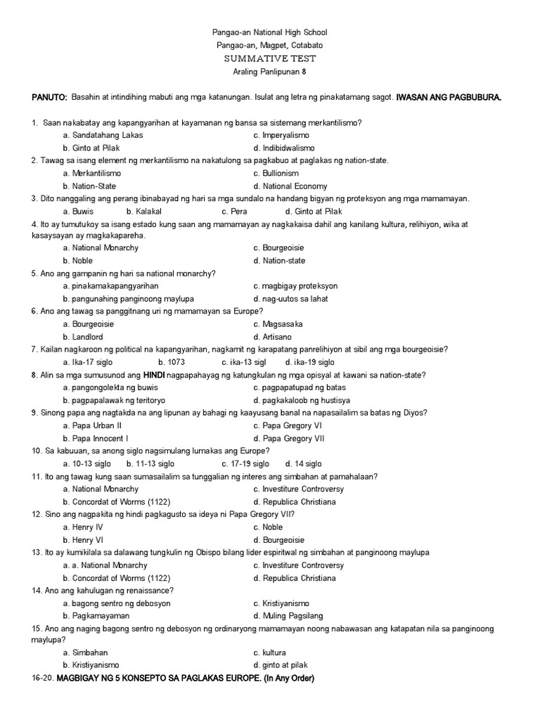 Summative Grade 8 Araling Panlipunan | PDF