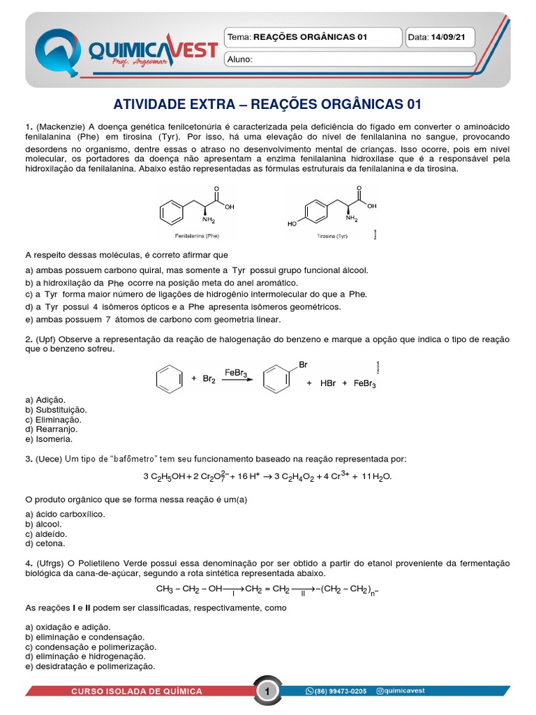 Atividade Extra - Episódio 13 - Reações Orgânicas 01 | PDF | Éster ...