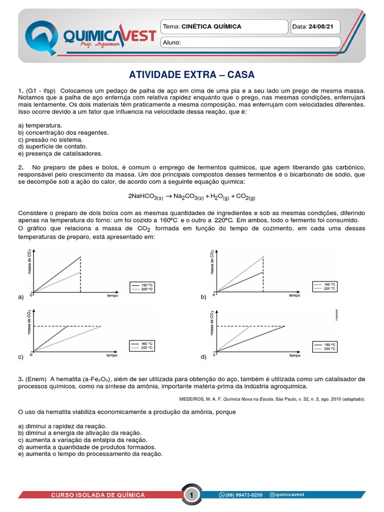 Atividade Extra - Episódio 11 - Cinética Química | PDF | Reações ...