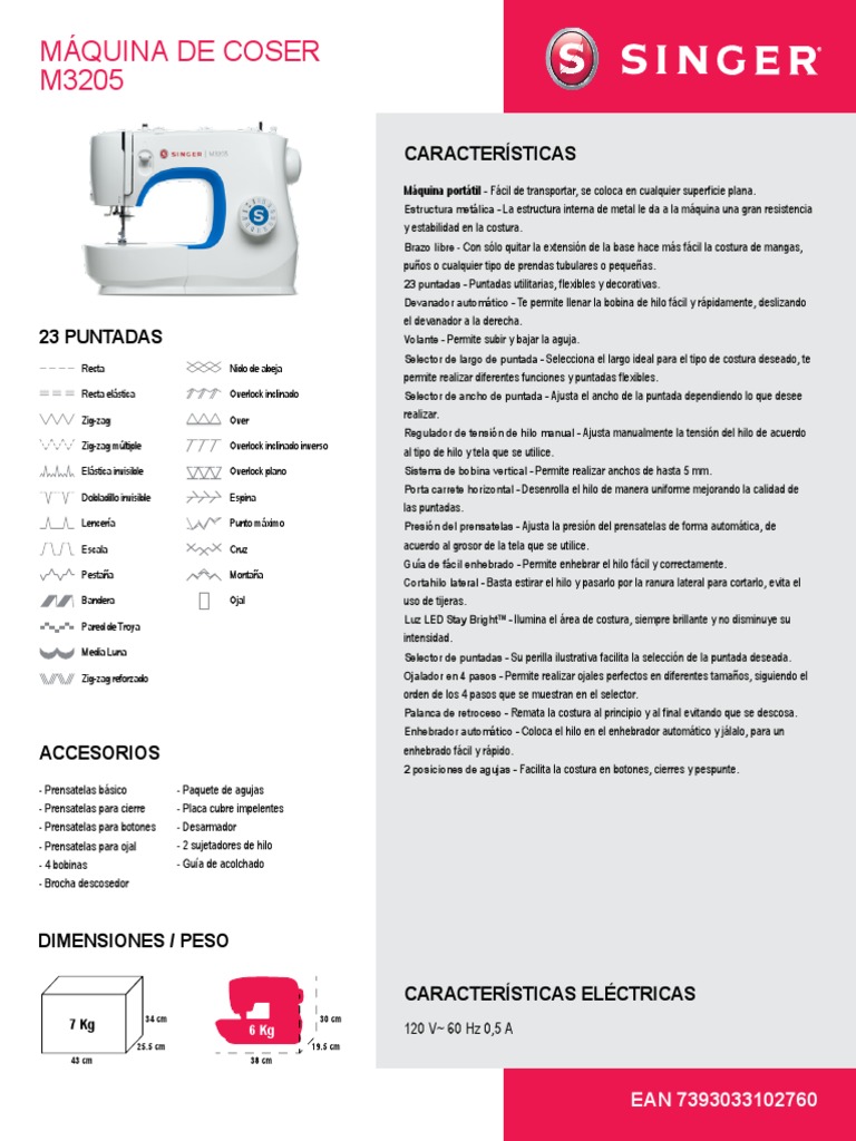 Ficha Tecnica Singer m3205 | PDF | Máquina de coser | Bienes manufacturados