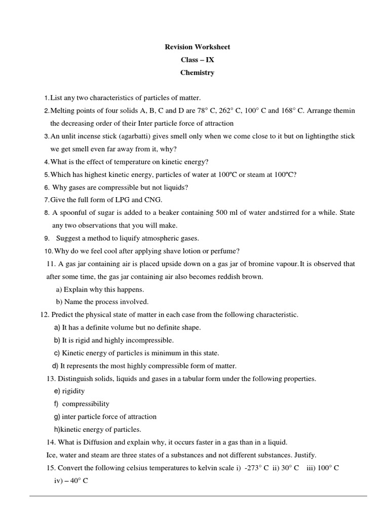 Class 9 Science Worksheet Matter in Our Surroundings 1 PDF