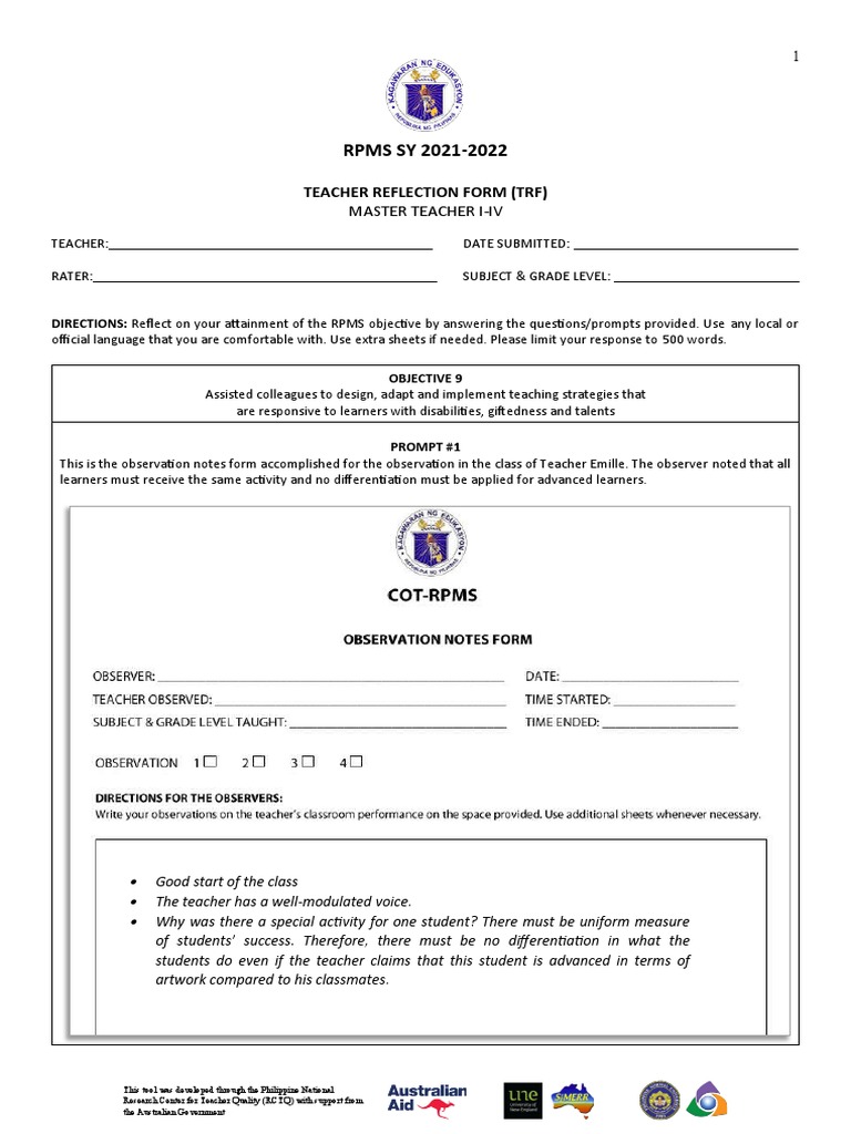 Teacher Reflection Form for Master Teachers | PDF | Teaching Method ...