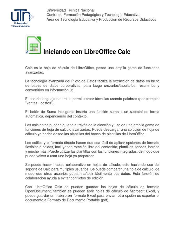 Manual libreoffice calc parte i pdf hoja de c lculo tecnologia