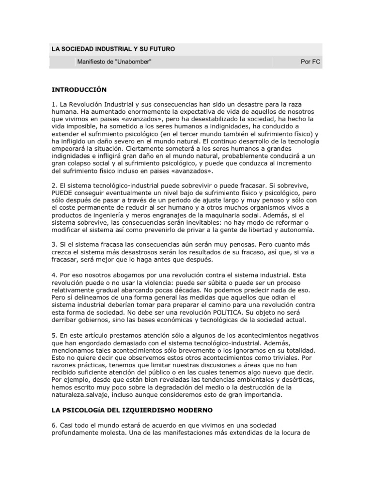 La Sociedad Industrial y Su Futuro PDF Política del ala izquierda Toma de decisiones