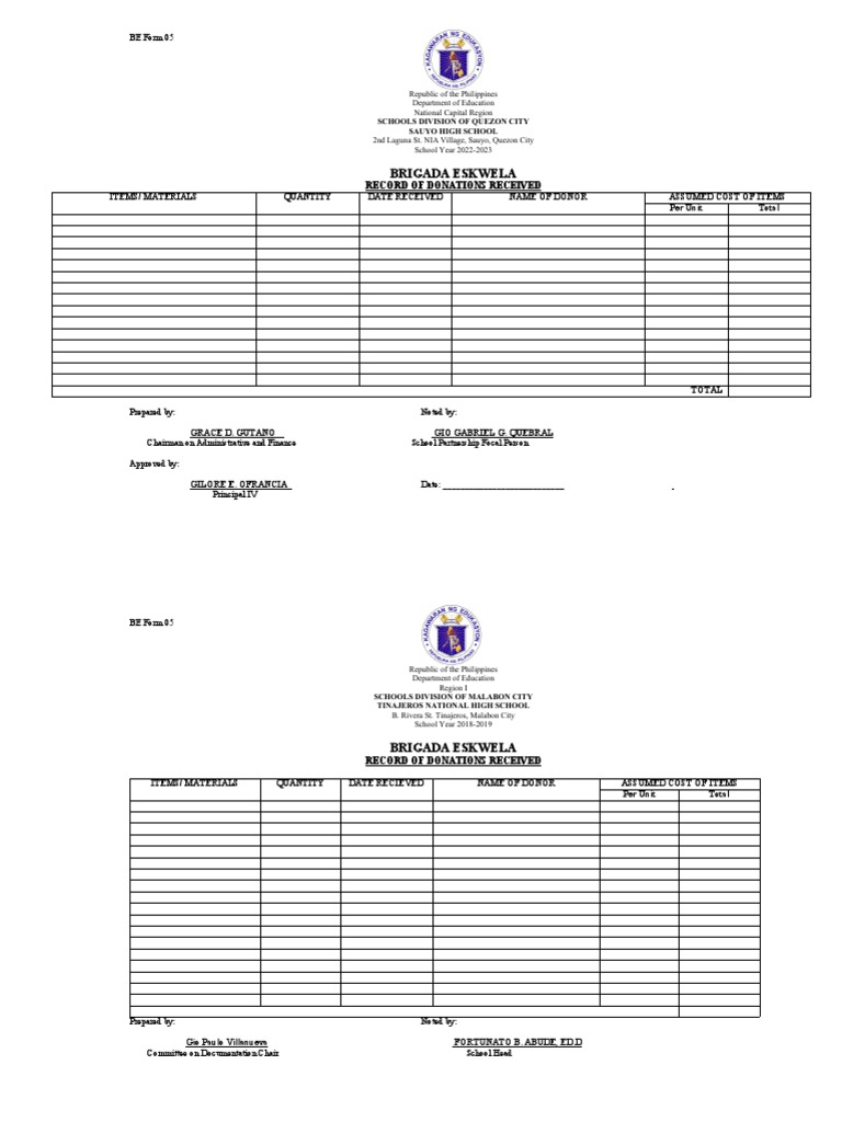 BE Form 5 RECORD OF DONATIONS RECEIVED 1 | PDF | Materials