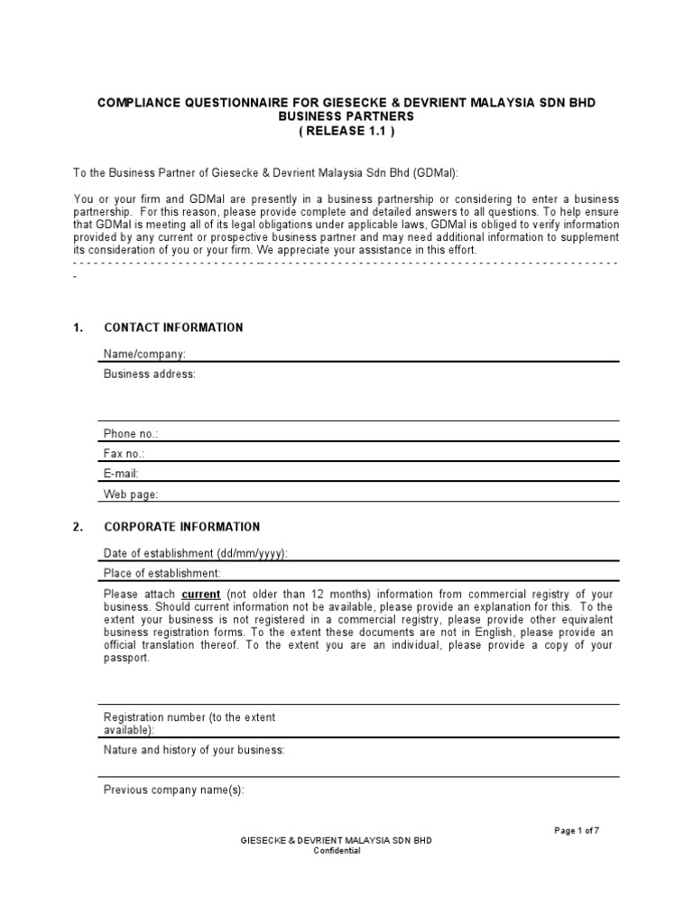 Giesecke & Devrient Compliance Questionnaire | PDF | Partnership | Bribery