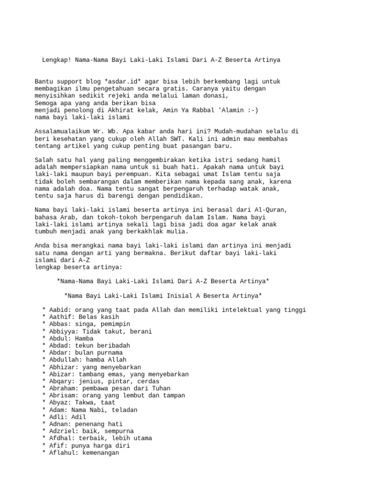 50 Nama Bayi Laki-Laki 2 Kata Tahun 2026 Menurut Islam A-Z