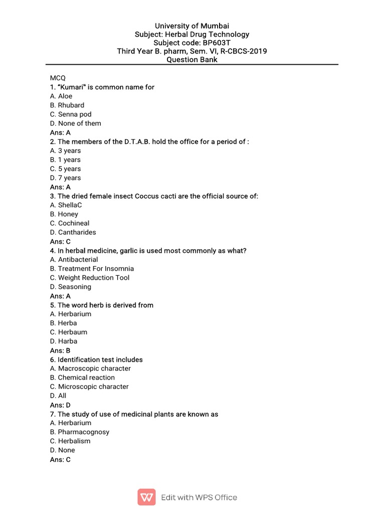 Herbal Drug Technology Question Bank PDF