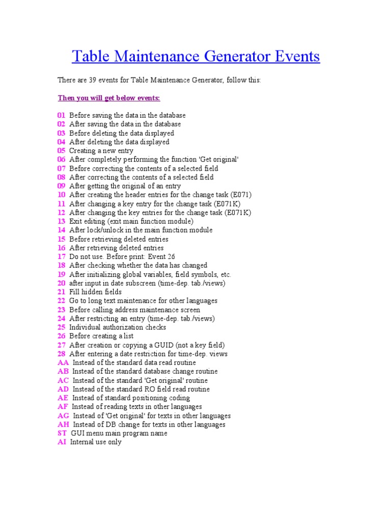 Table Maintenance Generator Events 01258615774 PDF