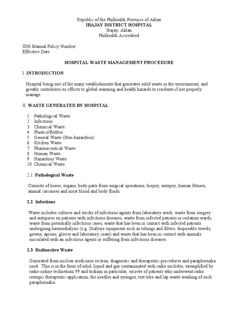 Hospital Waste Management Policy PDF Infection Waste