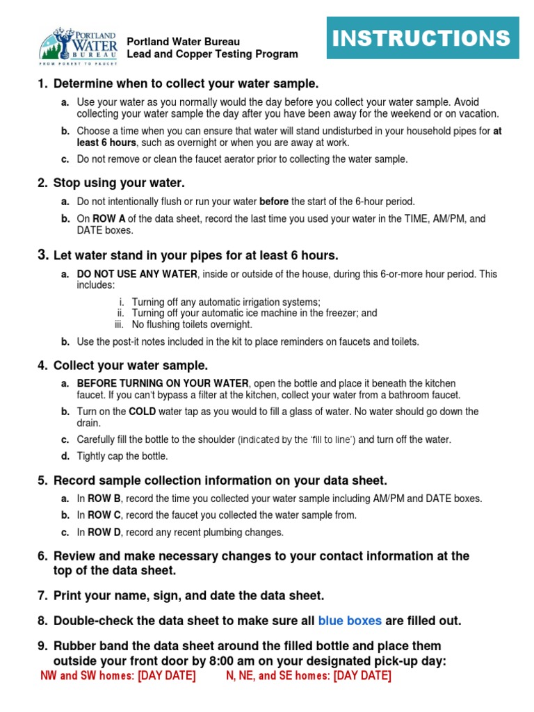 Instructions Portland Water Bureau Lead and Copper Testing Program