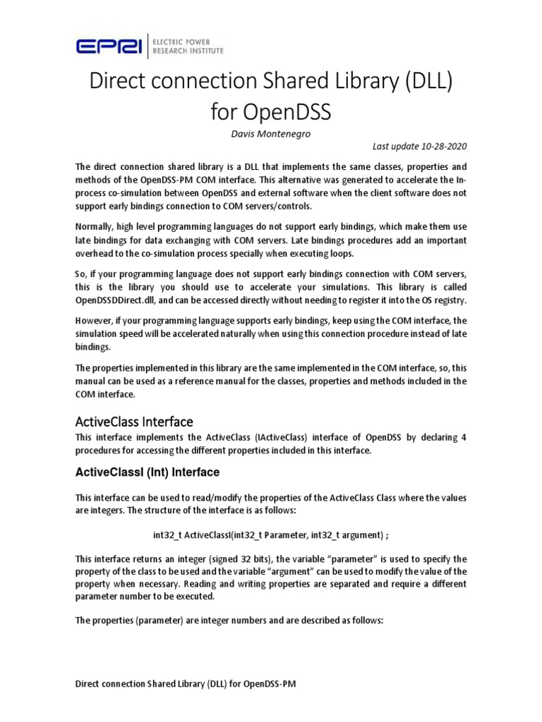Direct Connection Shared Library (DLL) For Opendss Activeclass